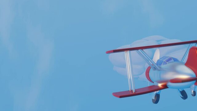 3D stylized model of a toy biplane flying across a blue sky with clouds. animated loop background. 3d render