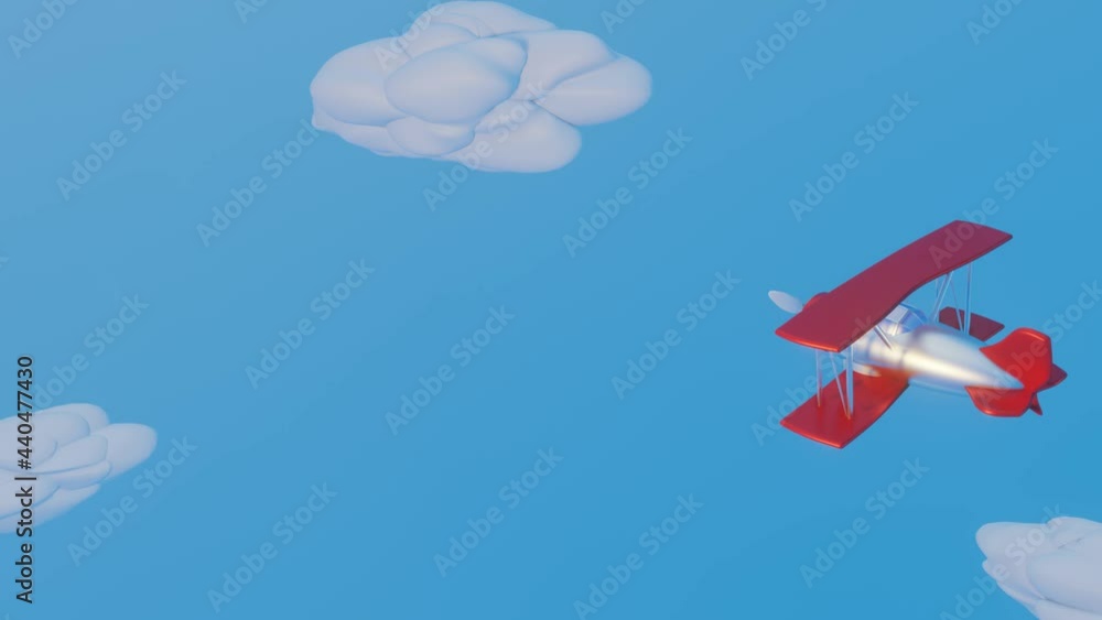 Poster 3d stylized model of a toy biplane flying across a blue sky with clouds. animated loop background. 3