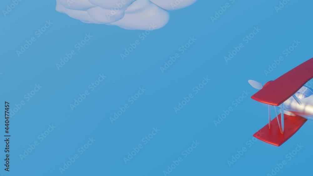 Poster 3d stylized model of a toy biplane flying across a blue sky with clouds. animated loop background. 3