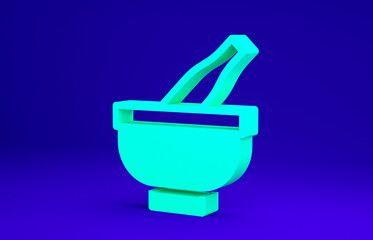 Green Mortar and pestle icon isolated on blue background. Minimalism concept. 3d illustration 3D render