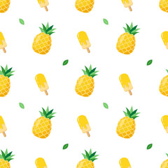 summer pineapple and ice cream seamless pattern. Seamless vector pattern with tropical fruit and pineapple flavored ice cream. Bright yellow colorful summer seamless pattern.