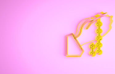 Yellow Hands in praying position with rosary icon isolated on pink background. Praying hand islam muslim religion spirituality religious. Minimalism concept. 3d illustration 3D render