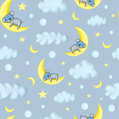Sleeping baby koala with mask seamless pattern