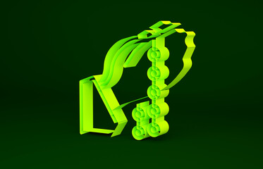 Yellow Hands in praying position with rosary icon isolated on green background. Praying hand islam muslim religion spirituality religious. Minimalism concept. 3d illustration 3D render