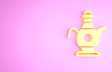 Yellow Islamic teapot icon isolated on pink background. Minimalism concept. 3d illustration 3D render