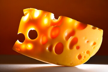 Swiss cheese with holes on an orange background.