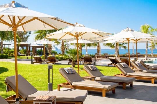 Sun beds and white umbrellas in the shade of palm trees and tropical plants