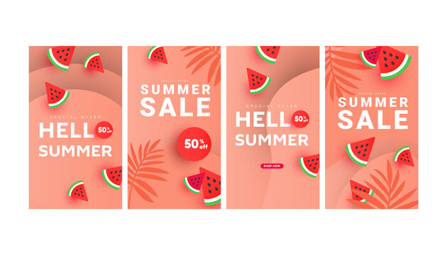 Trendy Summer sale banner stories post pack. Watermelon slices pattern on pink background. Colorful design templates for social media, poster, flyer, web ad.