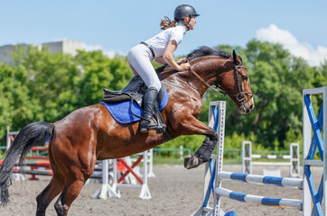 Young horse rider girl jumping on show jumping