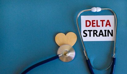 New Covid-19 delta strain symbol. White card, words 'delta strain' and stethoscope, blue...