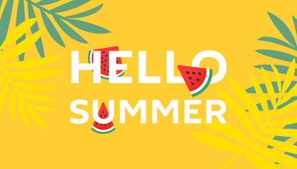 Fototapeta na wymiar Hello summer sale banner design with tropical leaves and ripe watermelon slices on yellow background with copy space for store marketing promotion.