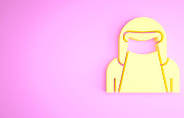Yellow Muslim woman in niqab icon isolated on pink background. Minimalism concept. 3d illustration 3D render
