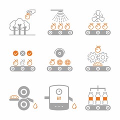 Juice manufacture process. Orange juice production process stages. Washing, sorting, crushing, pasteurization, packaging bottles with juice. Factory producing orange juice flat illustration.