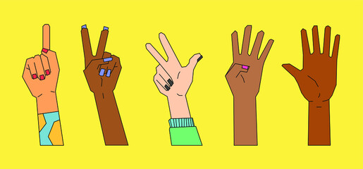 Counting on fingers. Hands counting by showing fingers. Variety of modern hand-drawn hand wrists. Counting on fingers. Cartoon style. Numbers shown by hands. 