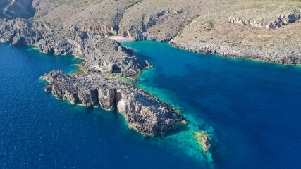 Aerial drone photo of famous beach of Halkos in island of Kythira, Ionian, Greece