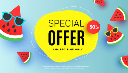 Summer sale special offer banner with sliced watermelon, ,sunglasses and bubble elements on yellow background for store marketing promotion.