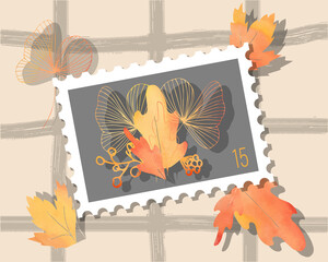 Vector autumn watercolor bouquet of leaves with gradient hand drawn postage stamp.  illustration of autumn contour watercolor leaves. Postage stamp on a plaid with autumn fallen orange leaves