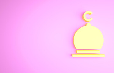 Yellow Muslim Mosque icon isolated on pink background. Minimalism concept. 3d illustration 3D render