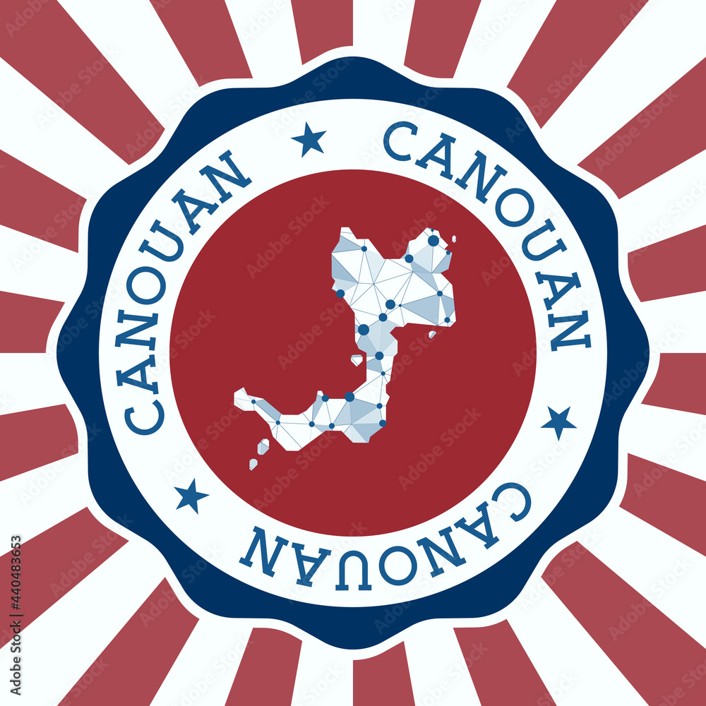 Poster Canouan Badge. Round logo of the island with a triangular mesh map and radial rays. EPS10 Vector.
