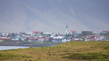Fototapeta na wymiar Panoramic view of Grundarfjordur village in Snaefellsnes peninsula in Iceland.