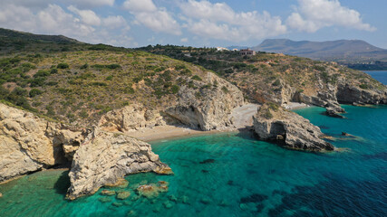 Aerial drone photo of beautiful turquoise paradise beach of Kaladi one of the best in island of Kythera, Ionian, Greece