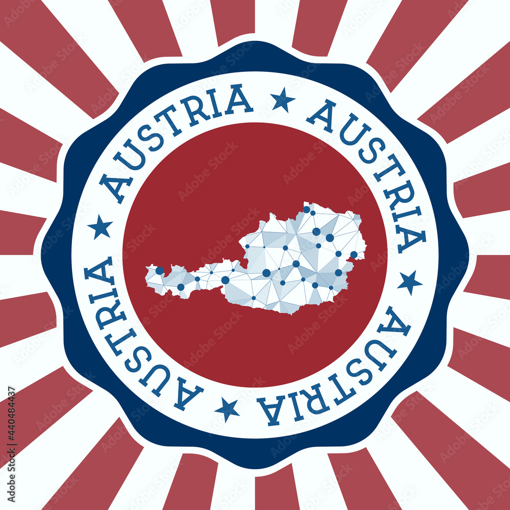 Poster austria badge. round logo of the country with a triangular mesh map and radial rays. eps10 vector.