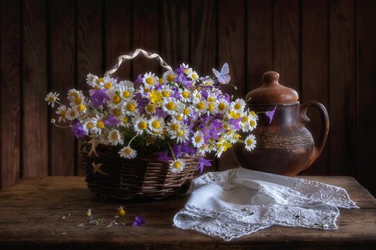 Rural still life with basket of wildflowers