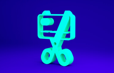 Green Scissors cutting a credit card icon isolated on blue background. Online payment. Cash withdrawal. Financial operations. Shopping sign. Minimalism concept. 3d illustration 3D render