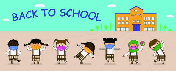 Cartoon children in medical masks. Schoolchildren on the background of the school building. Back to school. Education in a pandemic.