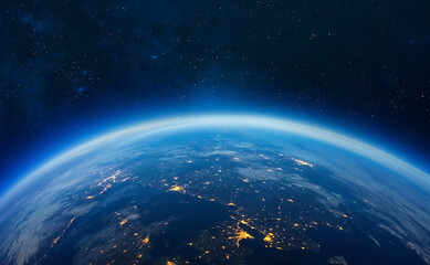 Blue Earth in the space. galaxy background. Solar system. Blue gradient. Space wallpaper.
