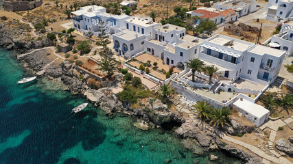 Obraz premium Aerial drone photo of famous seaside village and castle of Avlemonas, Kythira island, Ionian, Greece