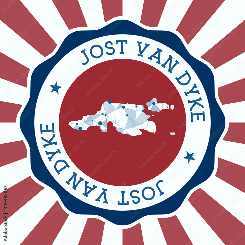 Poster jost van dyke badge. round logo of the island with a triangular mesh map and radial rays. eps10 vect