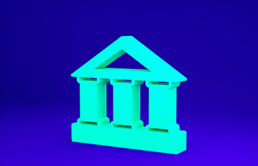 Green Bank building icon isolated on blue background. Minimalism concept. 3d illustration 3D render