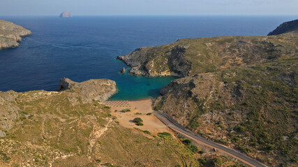 Aerial drone photo of beautiful and exotic emerald organised small beach of Melidoni, Kythera island, Ionian, Greece