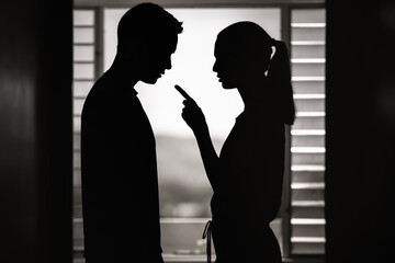 Young wife woman nagging her husband. Bad relationship, jealousy, frustration concept.   - obrazy, fototapety, plakaty
