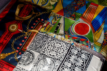 Obraz premium Silk scarf muslim. Multi-colored plain scarves.