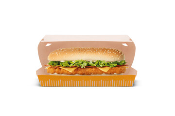 Blank yellow and white craft burger - sandwich box isolated on white background - Powered by Adobe