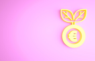 Yellow Euro plant icon isolated on pink background. Business investment growth concept. Money savings and investment. Minimalism concept. 3d illustration 3D render