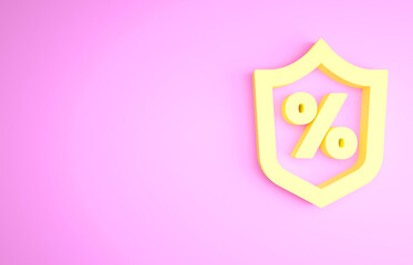 Yellow Loan percent icon isolated on pink background. Protection shield sign. Credit percentage symbol. Minimalism concept. 3d illustration 3D render
