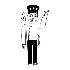 The male chef in the cap waves his hand. Hand drawn cartoon vector illustration in doodle style. Black on white isolated character.