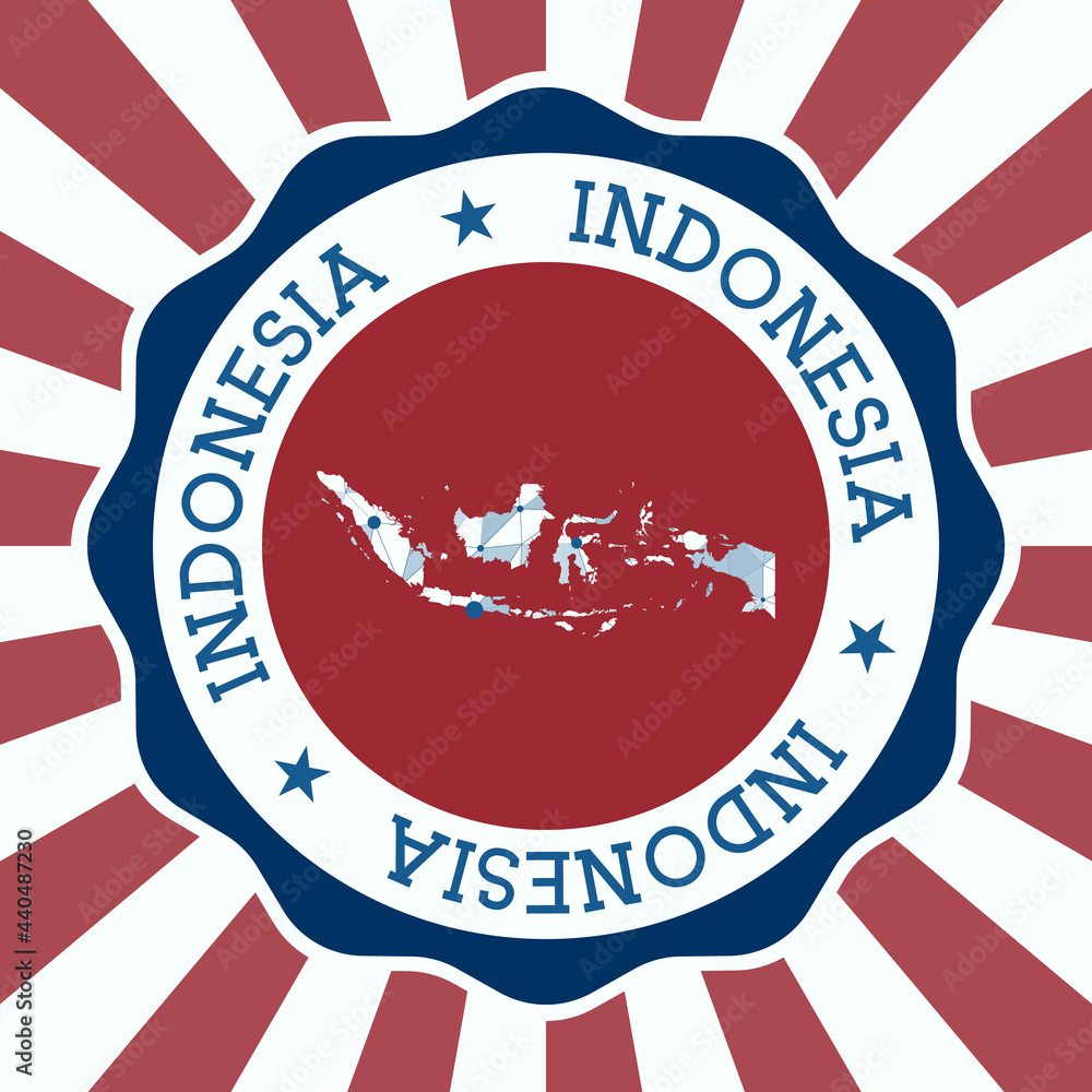 Poster indonesia badge. round logo of the country with a triangular mesh map and radial rays. eps10 vector.