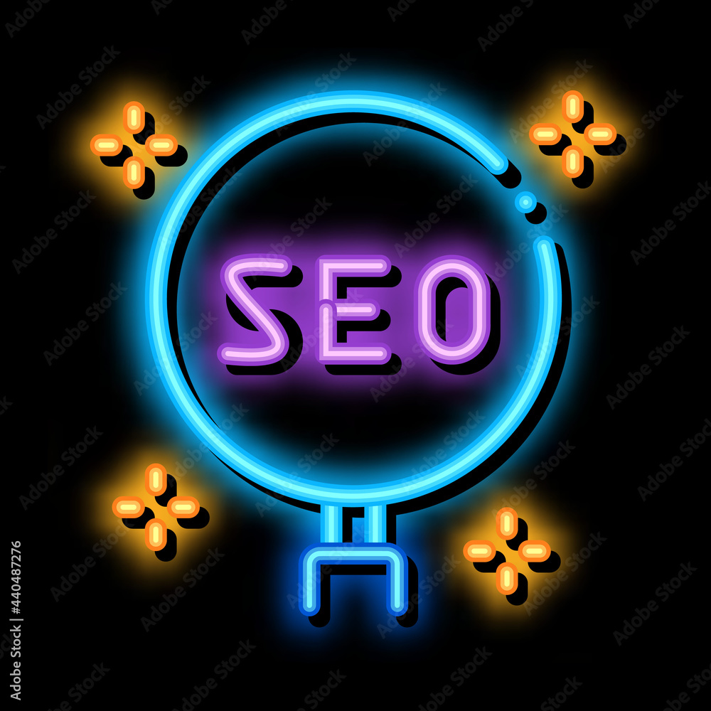 Poster learning search engine optimization neon light sign vector. glowing bright icon learning search engi