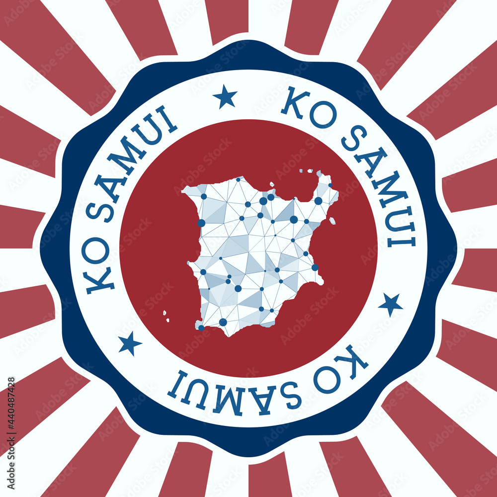 Poster ko samui badge. round logo of island with triangular mesh map and radial rays. eps10 vector.