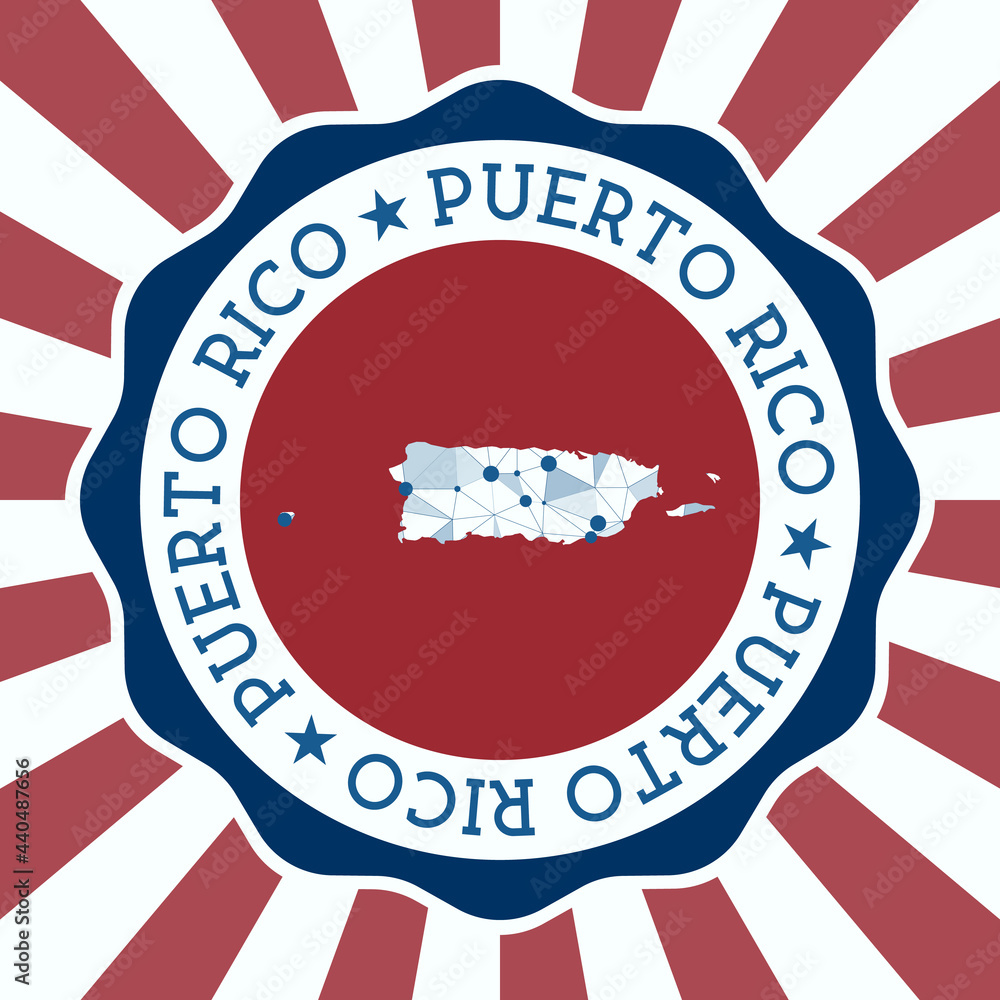 Aufkleber puerto rico badge. round logo of country with triangular mesh map and radial rays. eps10 vector.