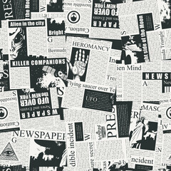 Abstract seamless pattern with a chaotic collage of black and white newspaper clippings. Vector background in retro style with unreadable text, titles, illustrations. Wallpaper, wrapping paper fabric