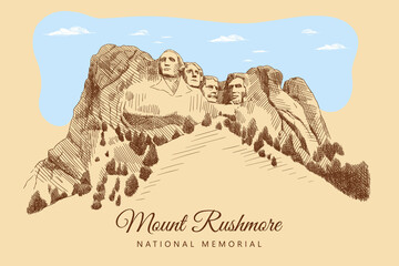 Colorful sketch of Mount Rushmore National Memorial, South Dakota, USA. Portraits of American presidents: Abraham Lincoln, George Washington, Thomas Jefferson, Theodore Roosevelt. Vintage card.