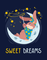 Rabbit magician with magic wand make stars on the sky lying down on the moon. Bunny wizard in witch hat sit on the crescent. Vector children illustration nursery poster and clothes. Sweet dreams.
