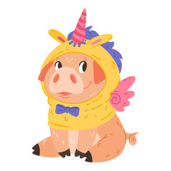 Cute pig in unicorn costume with horn and wings. Vector colorful design character illustration for print greeting postal cards and nursery.
