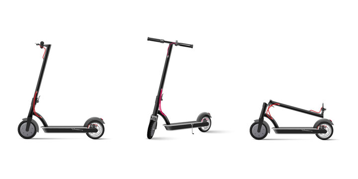 Black electric kick scooter on white background realistic vector illustration.