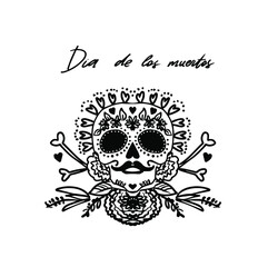 Dia de los muertos, Day of the dead, Mexican holiday, festival. Sugar skull with make up of Catarina with flowers crown. Poster, banner and card with sugar skull. Doodle postcard.